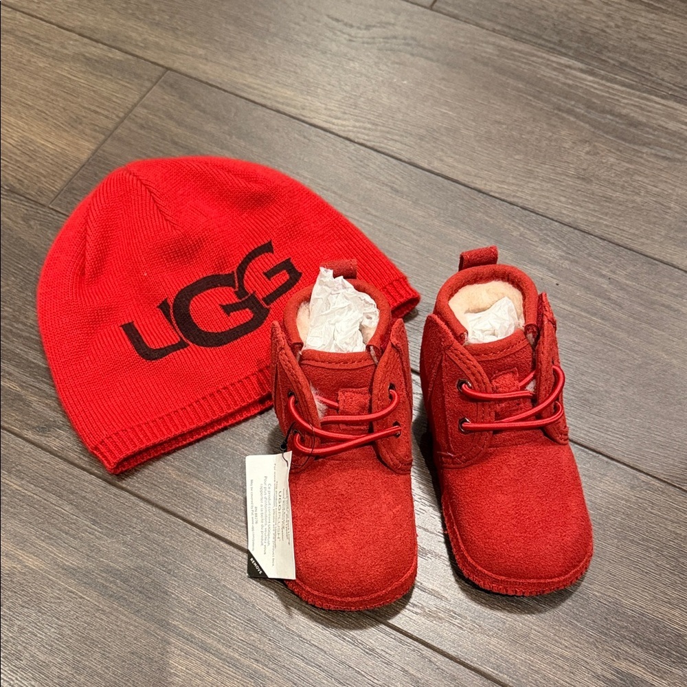 UGG red infant bootie and hat BNWT
